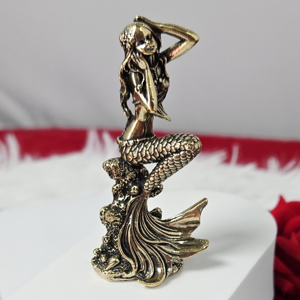 Mini Vintage Brass Mermaid Figurine Antique Gold Ocean Decor 2.65" Coastal Chic